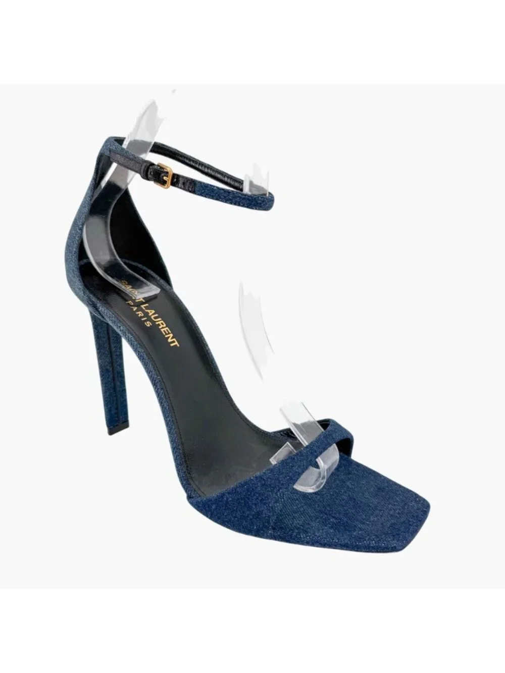 Saint Laurent Bea 105 Denim Sandals Heels Size 39 US 9 Blue Jean Ankle Strap
